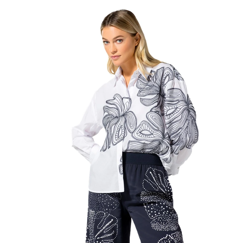 Caroline Biss dames blouse lm bloem borduur WIT DESSIN